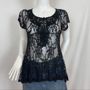 Lovely 153 black crocheted lace high low tunic